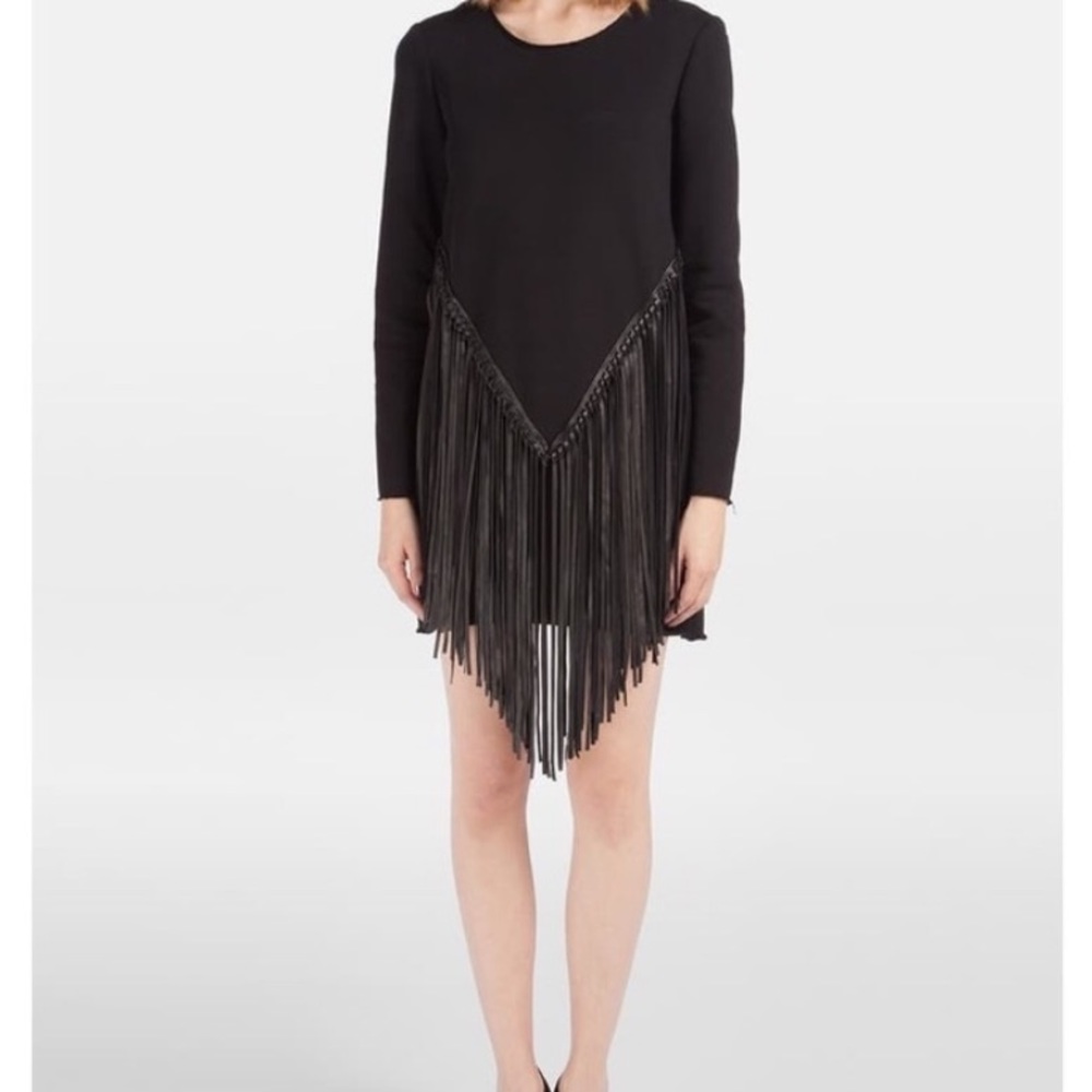 Maje black sweatshirt dress with leather fringe